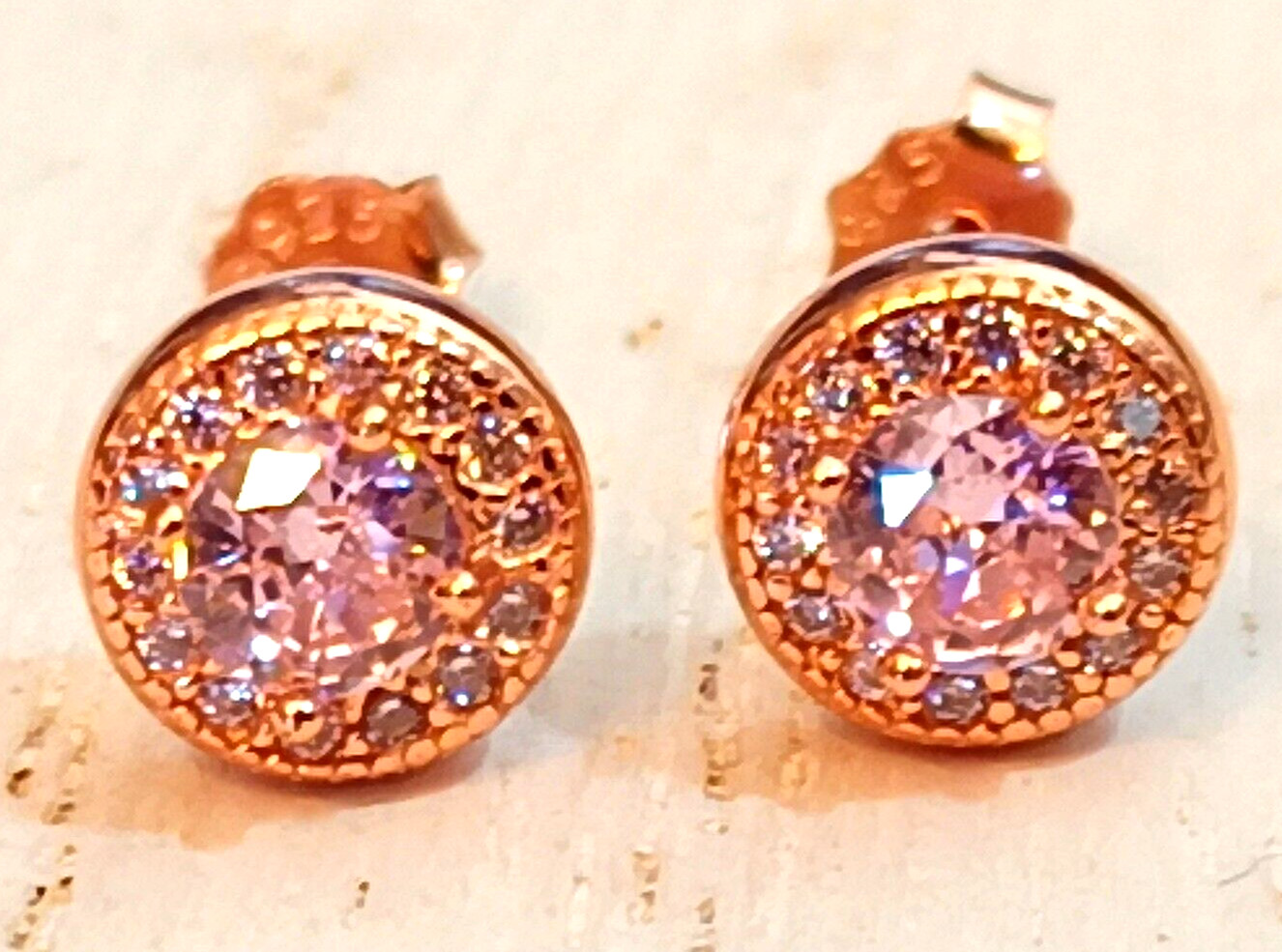 Rose Gold over Sterling Silver Pink Ice CZ Stud Halo Earrings 1/4 inch wide