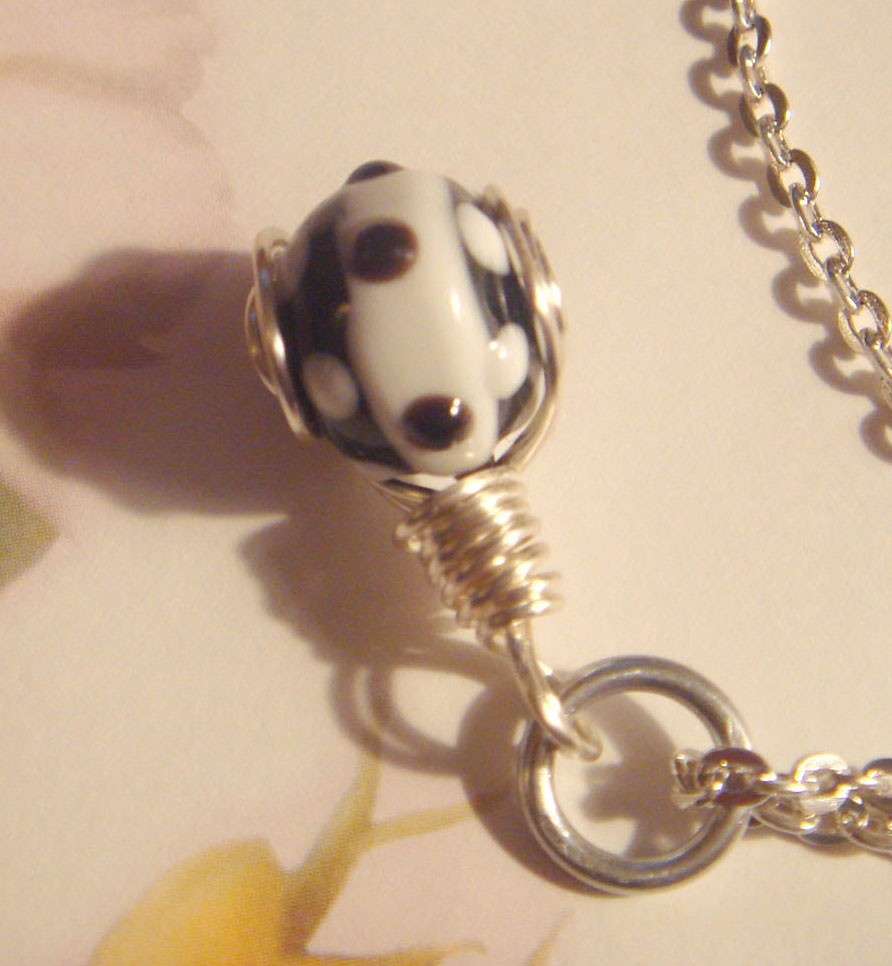 #202 Black&White Bead Pendant with Silver Chain Wire Wrapped One of a Kind