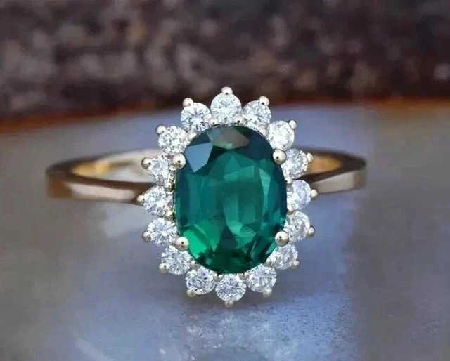 3.00Ct Natural Green Emerald Oval Cut Halo Wedding Ring 14K Yellow Gold Plated