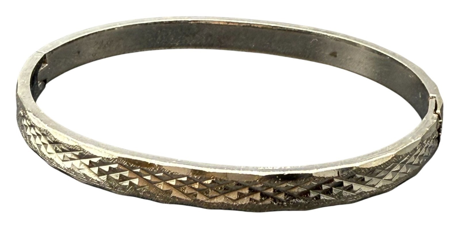 Textured Diamond Shape Pattern Hinged Bangle Bracelet Silver Tone VTG