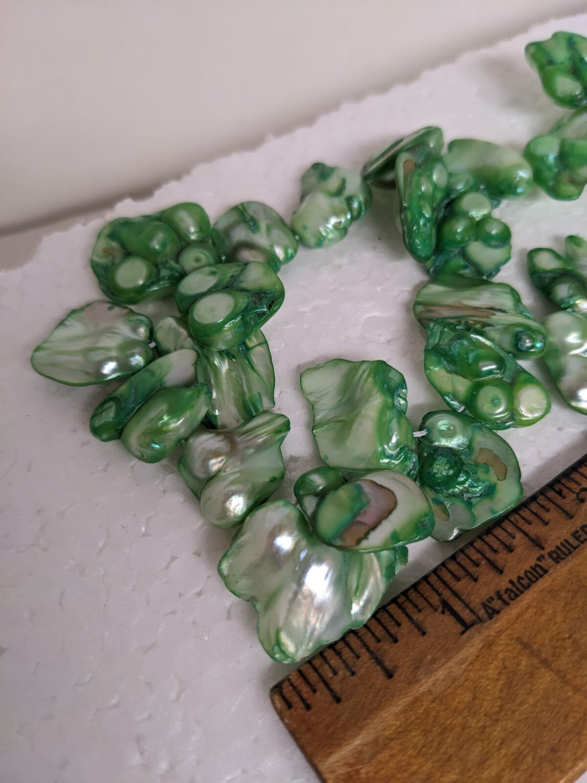 Shamrock Green cultured pearls 26×13 baroque beads 15in strand new B190