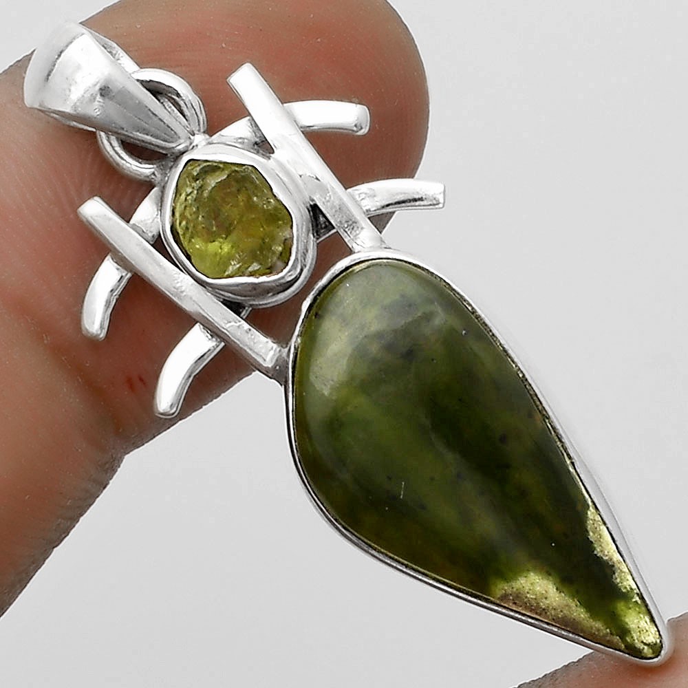 Chrome Chalcedony & Peridot Rough 925 Sterling Silver Pendant Jewelry P-1046