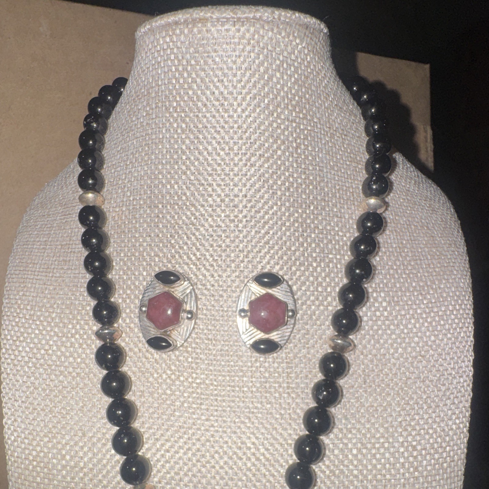 Jay King Mine Finds Black Onyx beaded & Rhodonite Pendant Necklace & Earrings