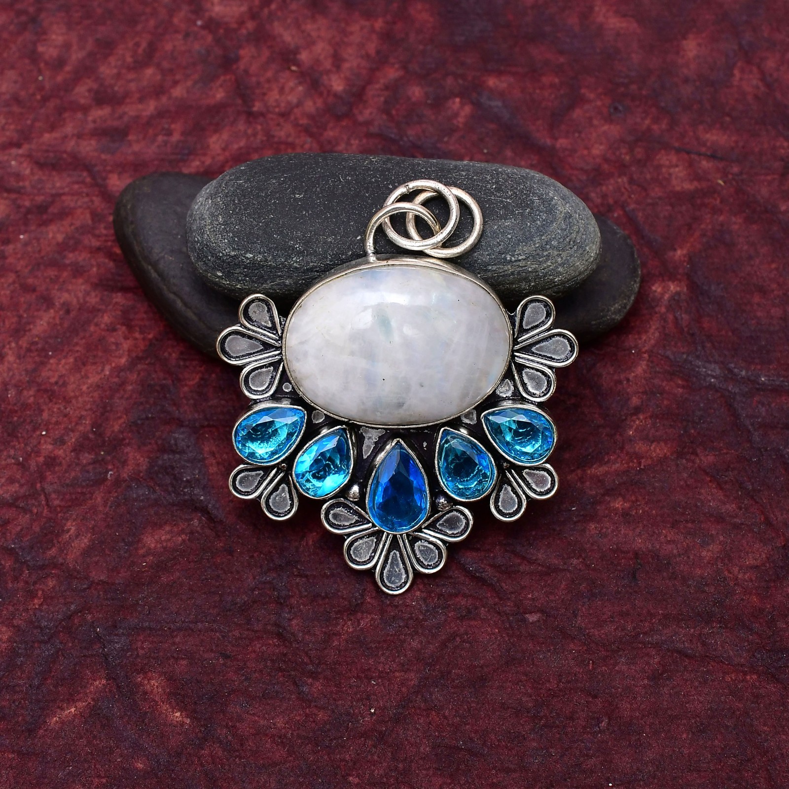 Rainbow Moonstone Gemstone 925 sterling silver Handmade Pendant 2.16″