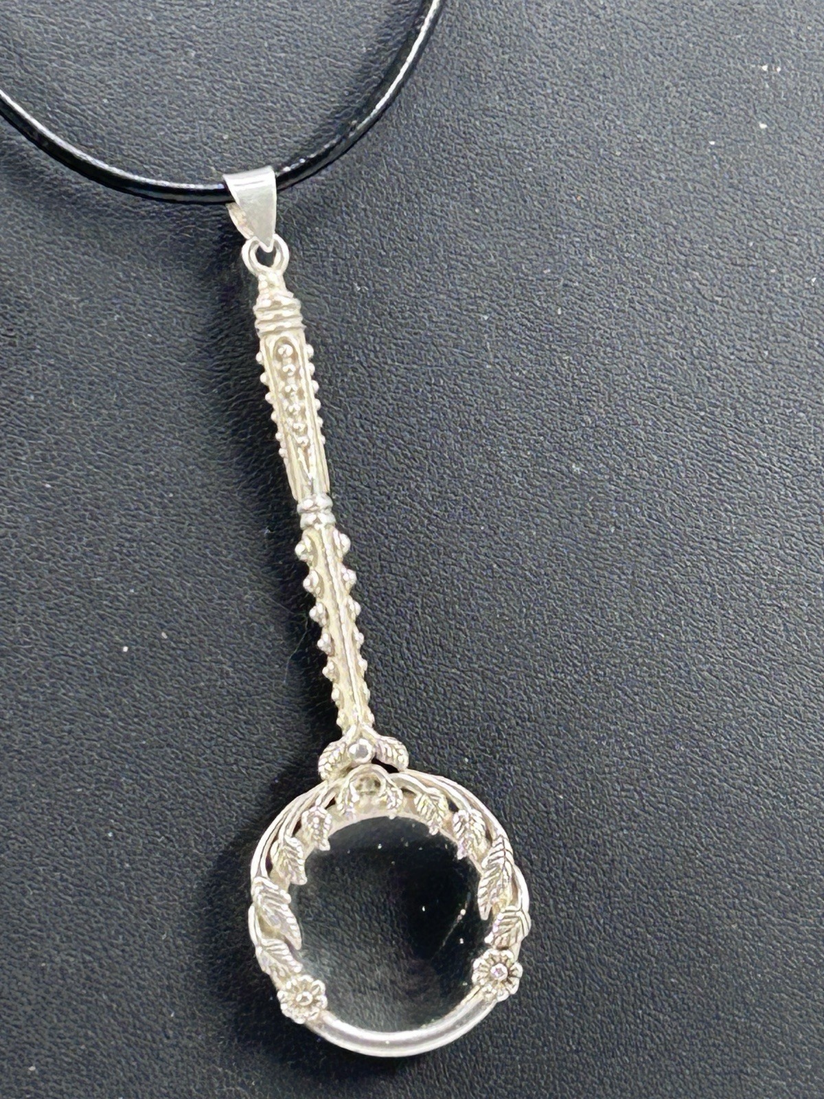 Silver-tone Pretty Floral Design 3″ Magnifying Glass Pendent On Cord 26″