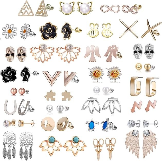 32 Pairs Small Stainless Steel Stud Earrings Set Cute Animal Pearl CZ Geometric
