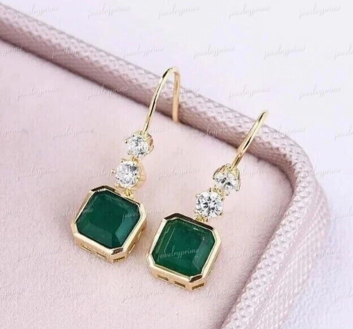 14k Solid Yellow Gold Natural Emerald Earrings Drop Dangle Emerald Earring
