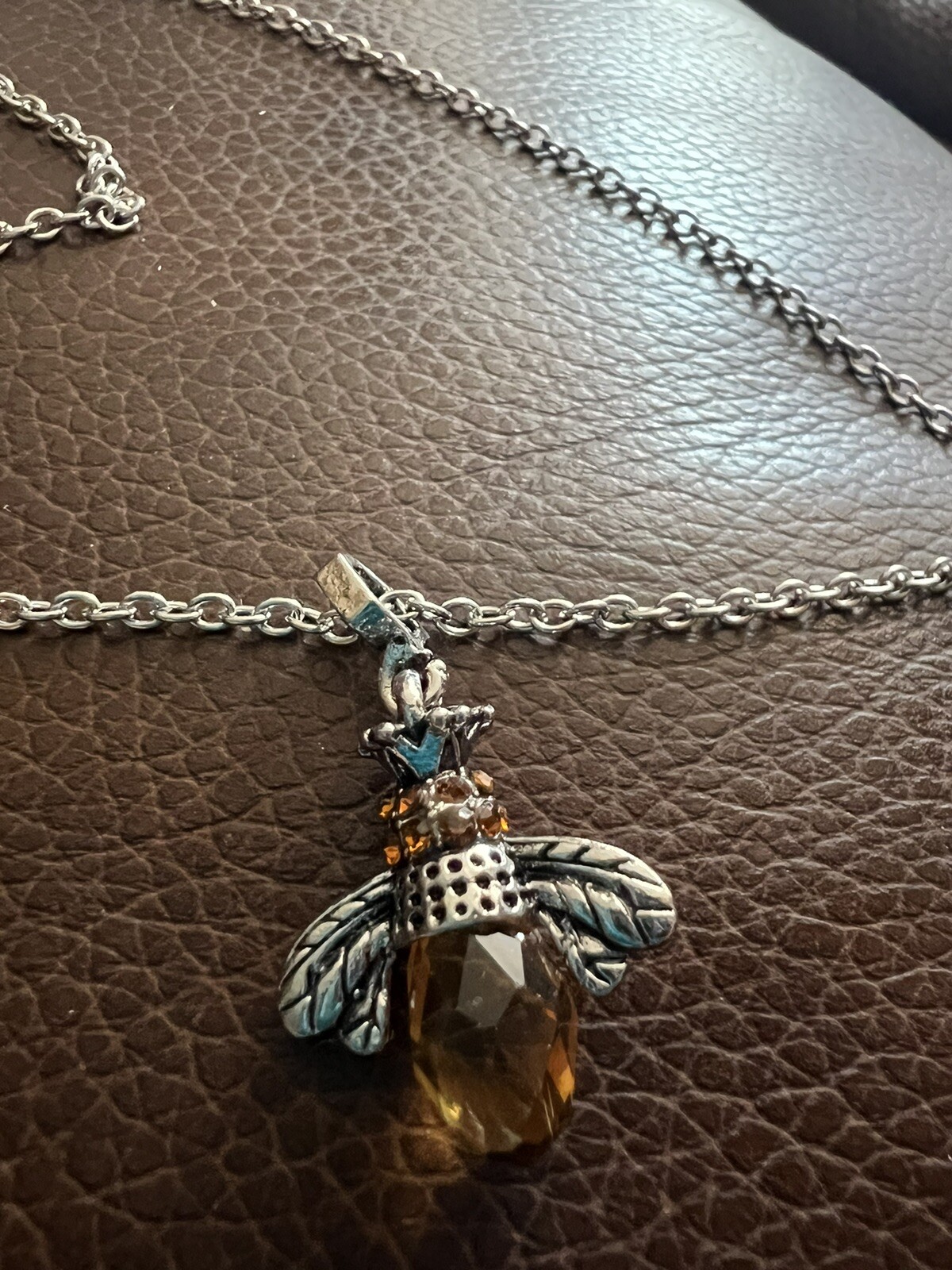 Chico’s Museum Bee Necklace Charm Silver Amber Drop Boho Bumblebee Honey