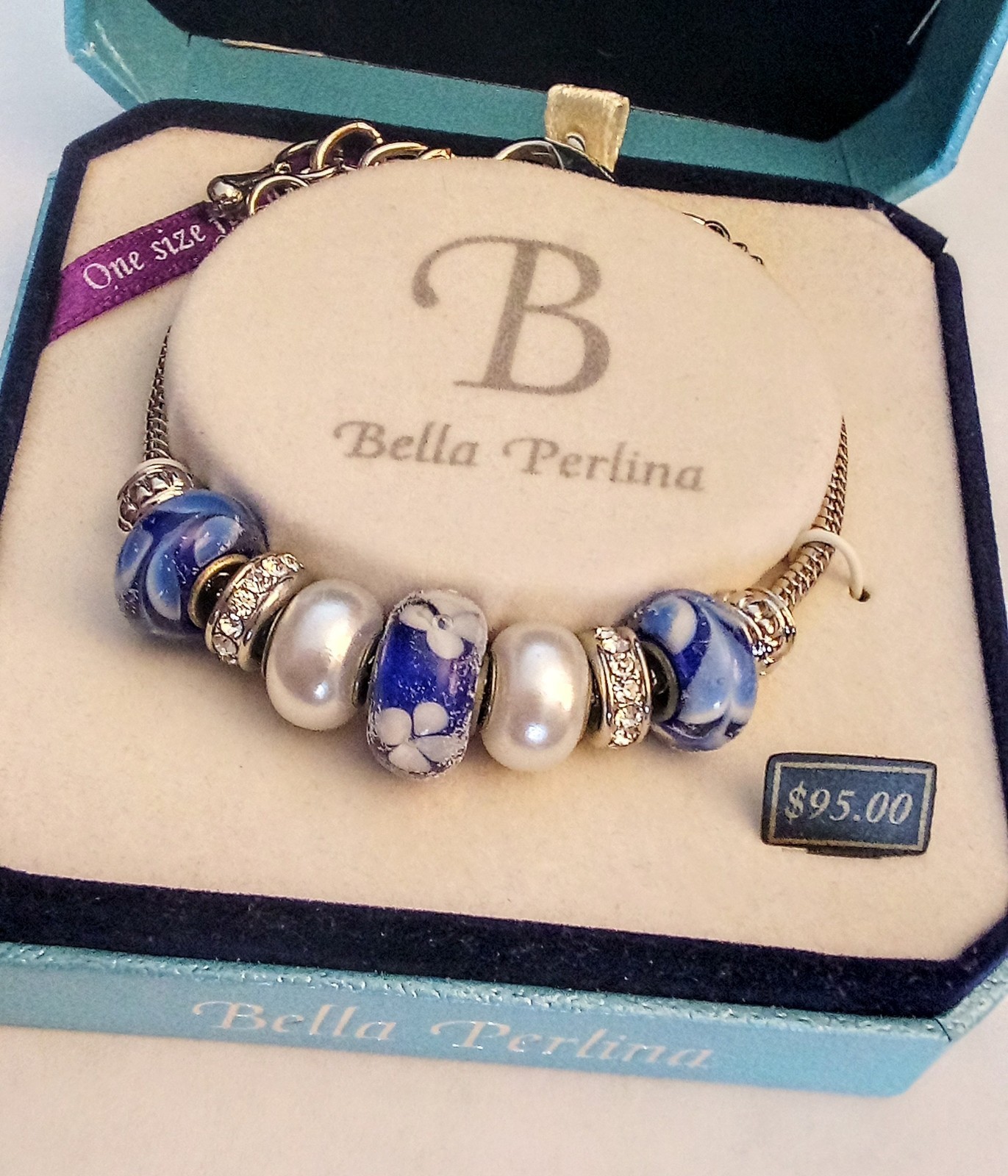 Bella Perlina Silver Tone Charm Bracelet Murano Glass New In Box
