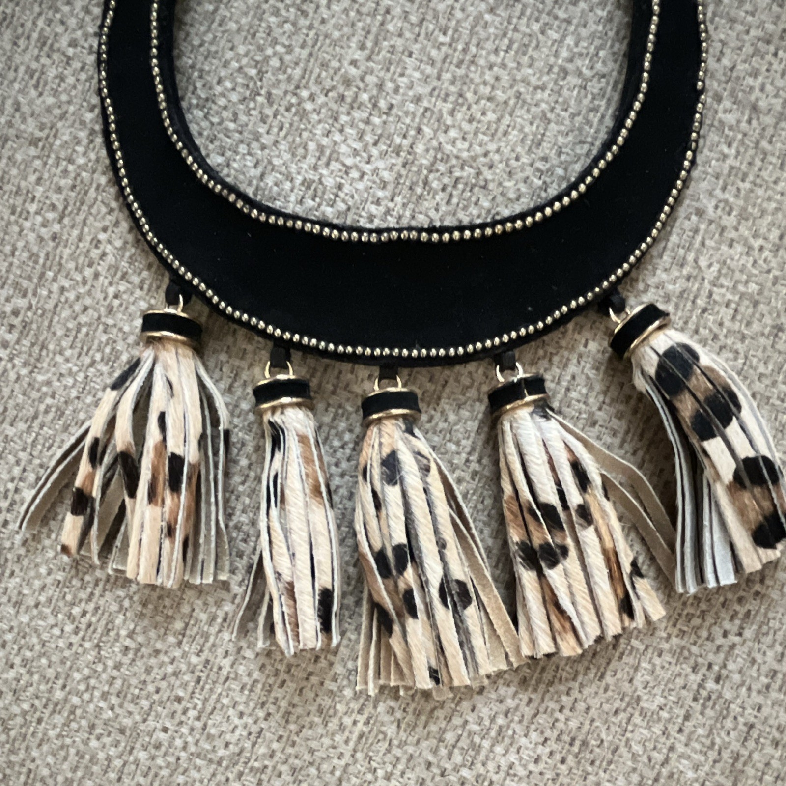 Chico’s Statement Bib Necklace Suede Black Gold Beige Leopard Tassel Fringe
