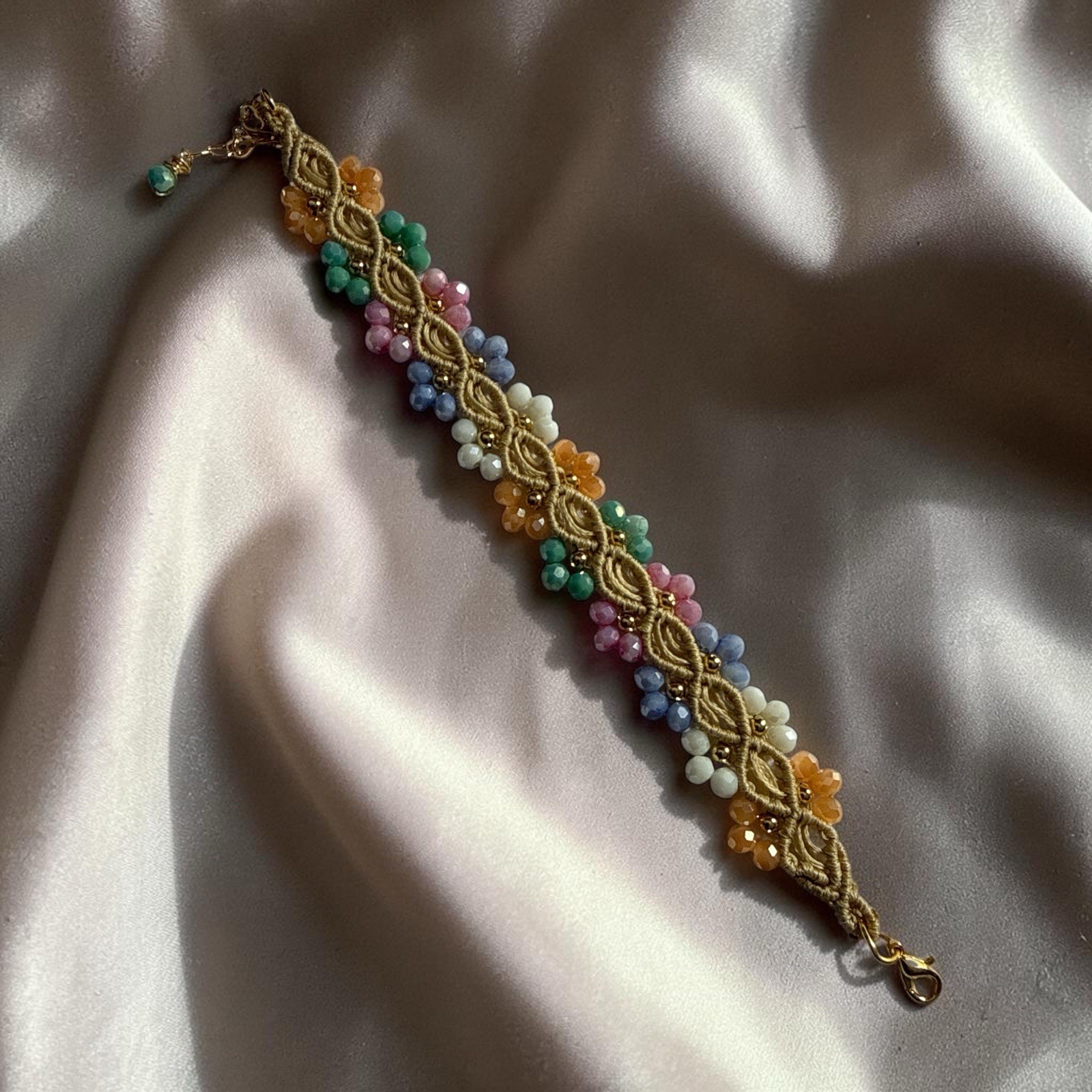 Handcrafted Macrame Bracelet Cream Crystal Flowers Gold Filled Adjustable 16-22