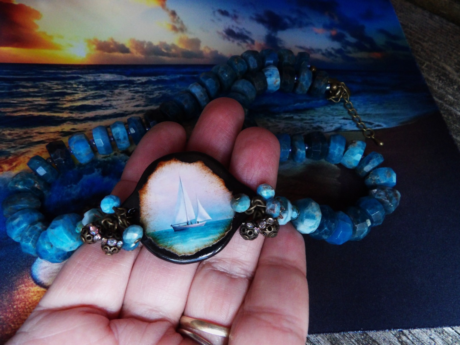 Necklace, Ocean, Apatite Beads, Sailboat, Beach, One of a Kind