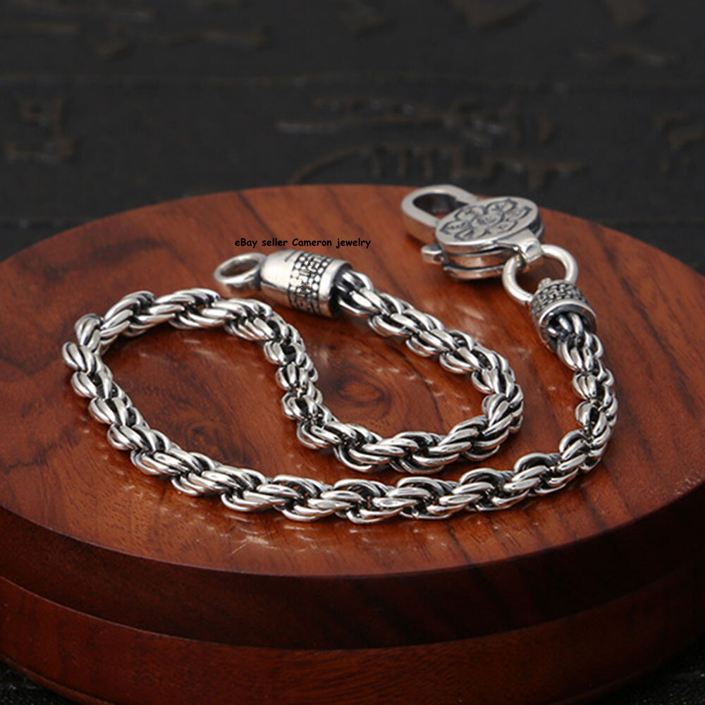 Pure S925 Sterling Silver Chain Men Women 3mm Rope Link Bracelet 6.7-8.3inch