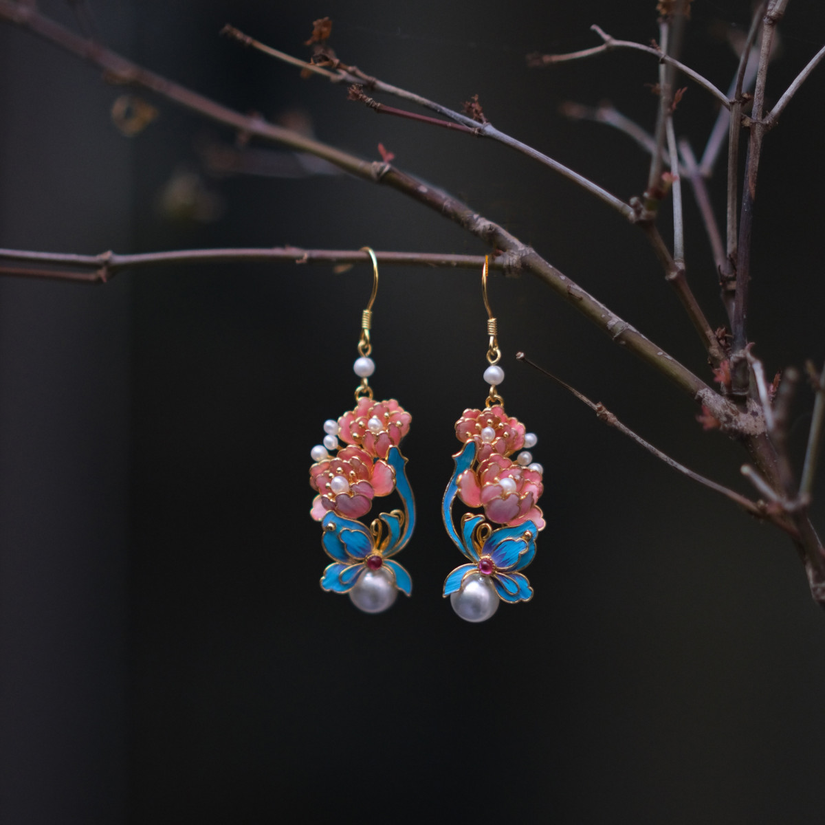 New Chinese Butterfly Peony Gold Plated Long Dangle Earrings