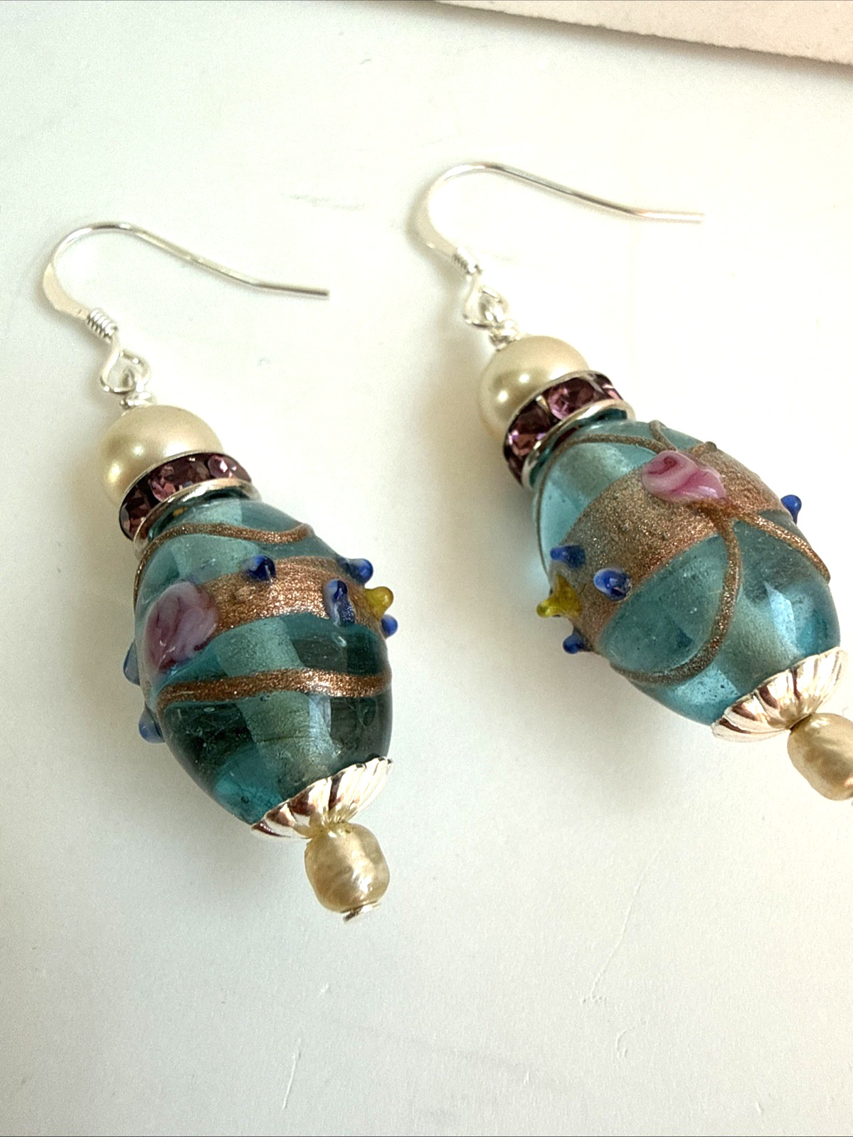 Blue & Pink Wedding Cake Glass Bead Pearl Dangle Earrings Rhinestone Roundelle