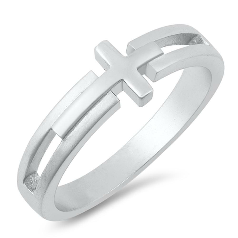 Sterling Silver Woman’s Sideways Cross Love Ring Polished Band 7mm Sizes 5-12
