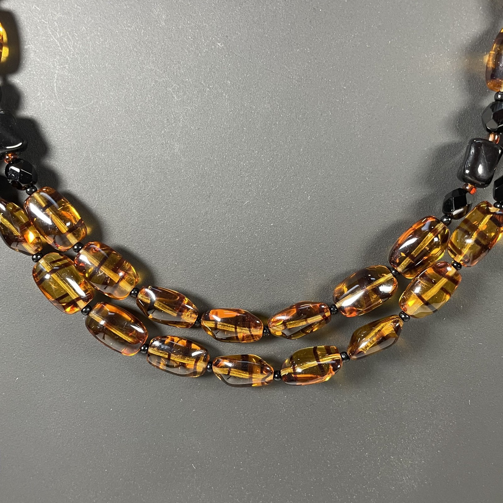 VTG ELLE of California Multi Strand Finest Bohemian Amber Glass Bead Necklace