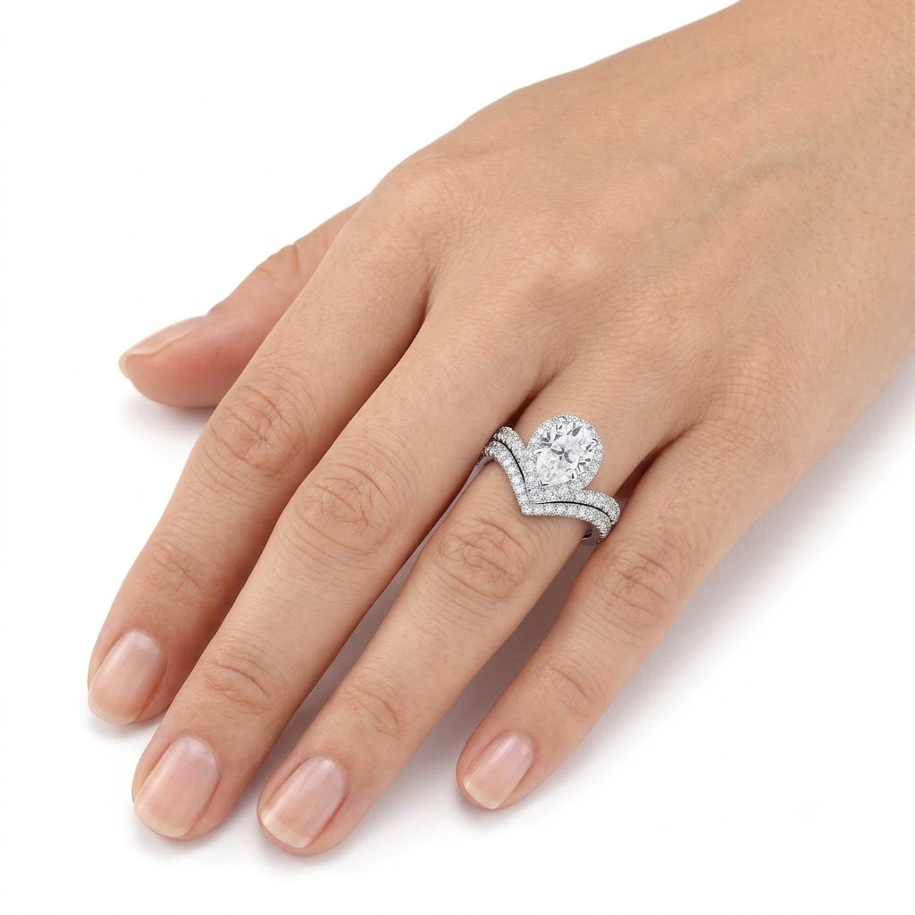 IGI Pear Halo Lab Grown Diamond Bridal Ring Set 3.25Ct 14K White Gold VS1