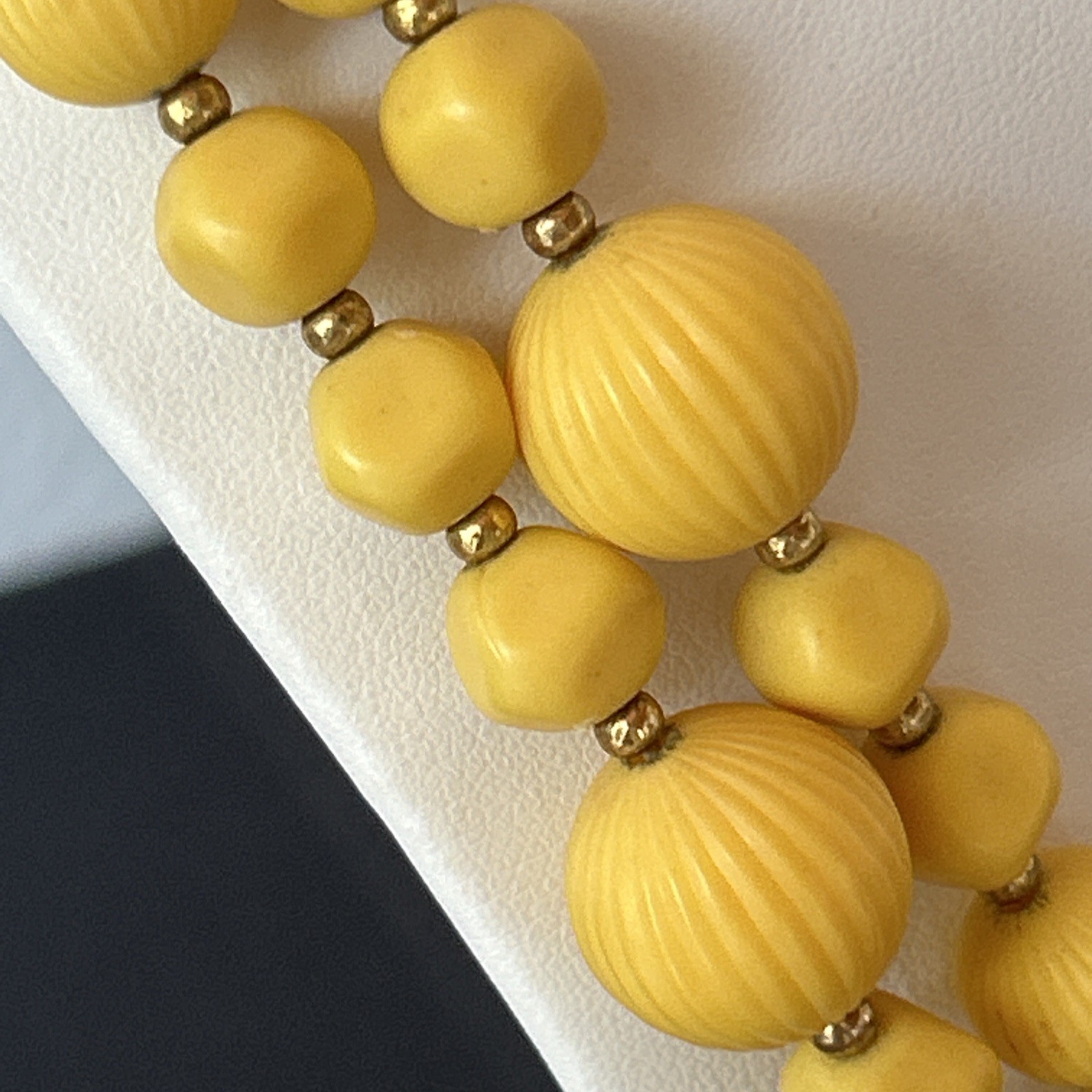 Vintage 2 Strand Yellow Beaded Necklace Textured Retro MCM Casual Woman’s 20″