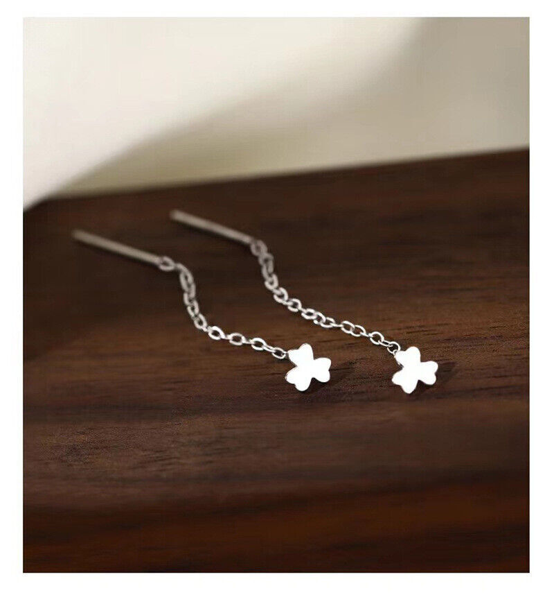 Elegant 999 Sterling Silver Earrings Love Heart Clover Chain Woman Jewelry US