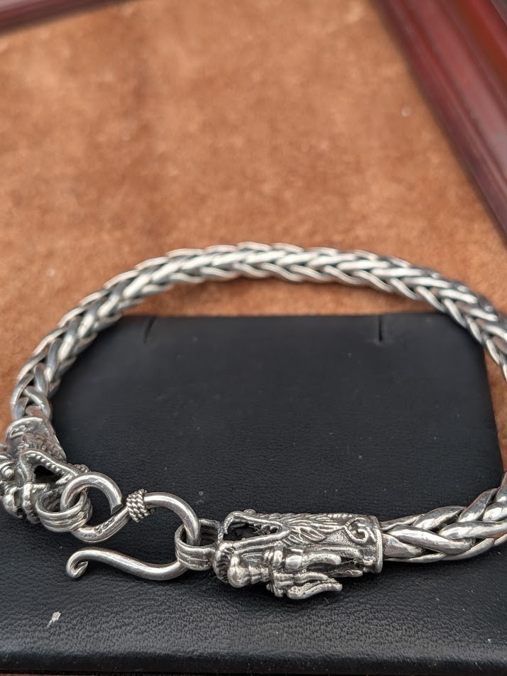 Sterling Silver Braided Chain Dragon’s Head End Tabs 8″ Bracelet ~ 28.5g
