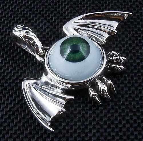 Silver Green Eyeball Gothic Wings Pendant