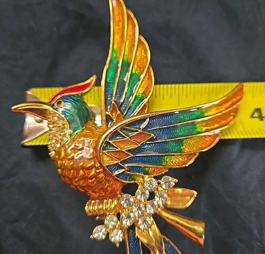 Vintage D’orlan Boucher 6″ Enamel Phoenix Bird Brooch Multicolored, Clear Crysta