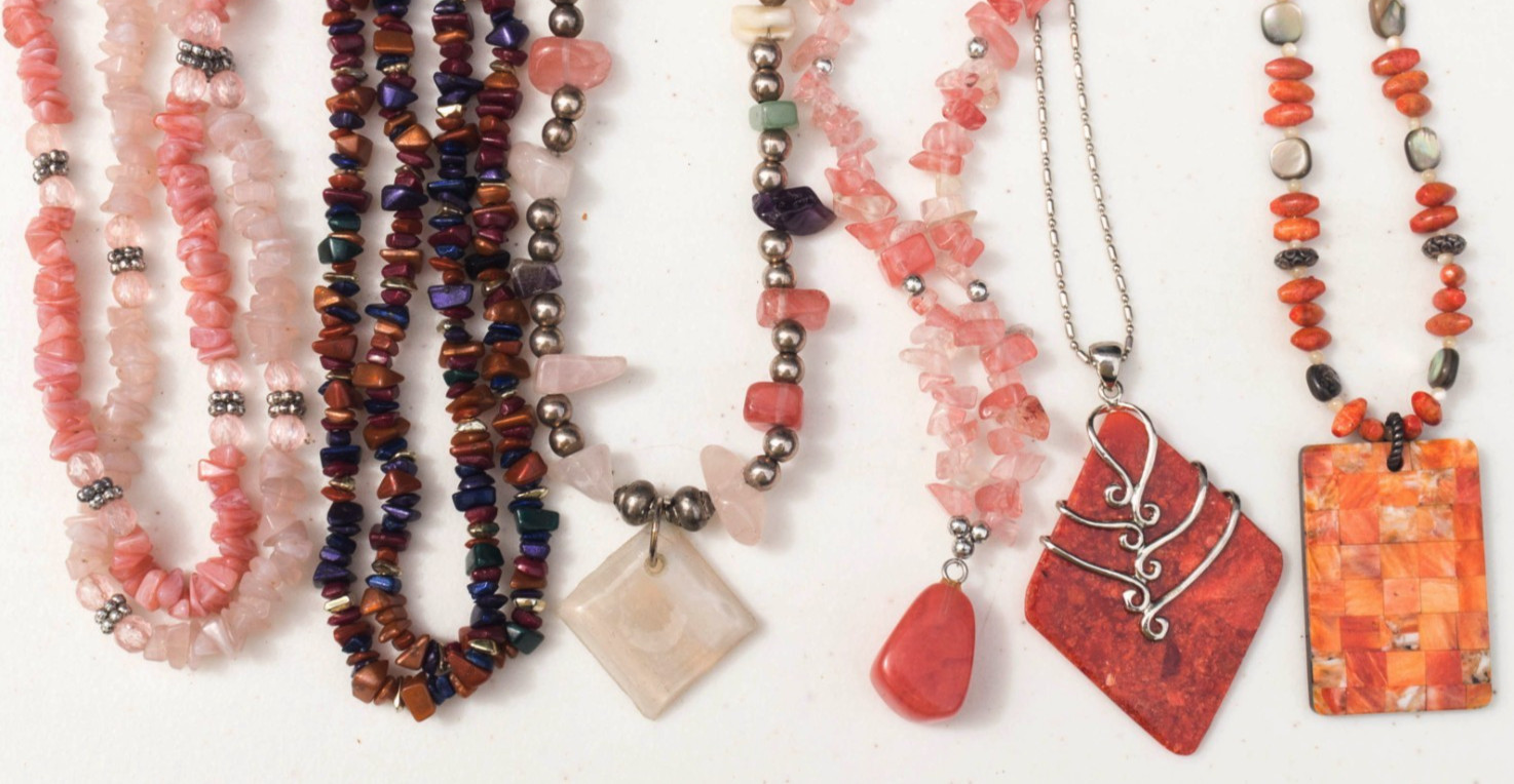 Lot of 6 Orange & Brown Gemstone & Shell chip Necklaces