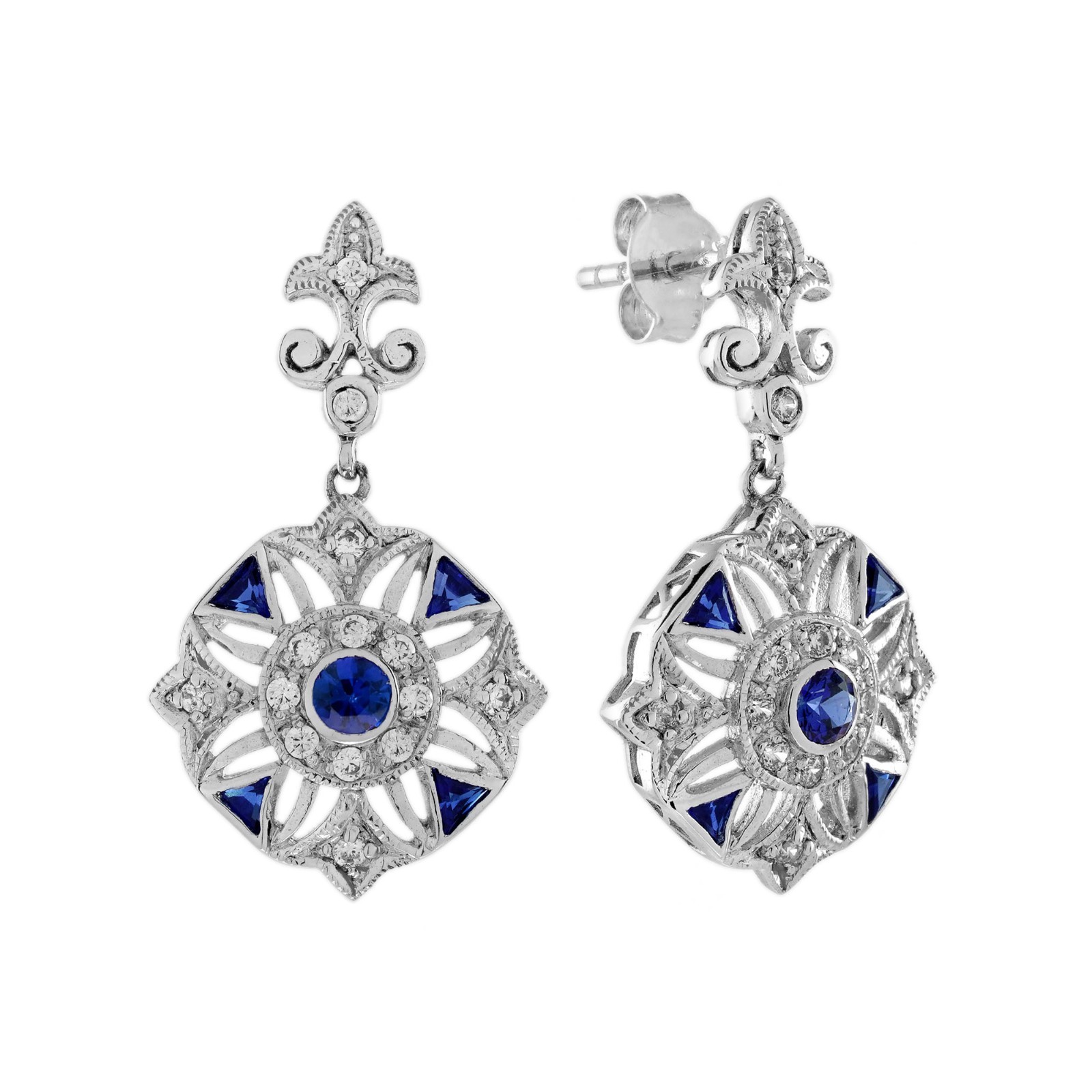 14K White Gold Sapphire Diamond Openwork Drop Dangle Earrings Art Deco Style