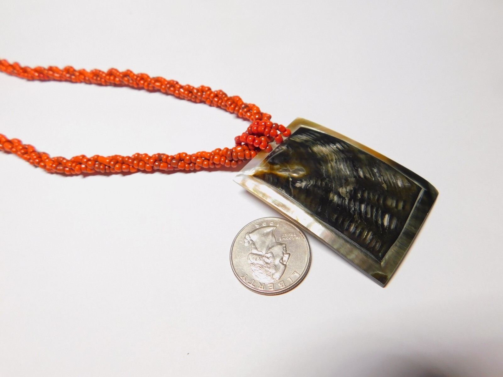 Orange Glass Bead Woven Rectangle Shell Pendant Necklace Vintage
