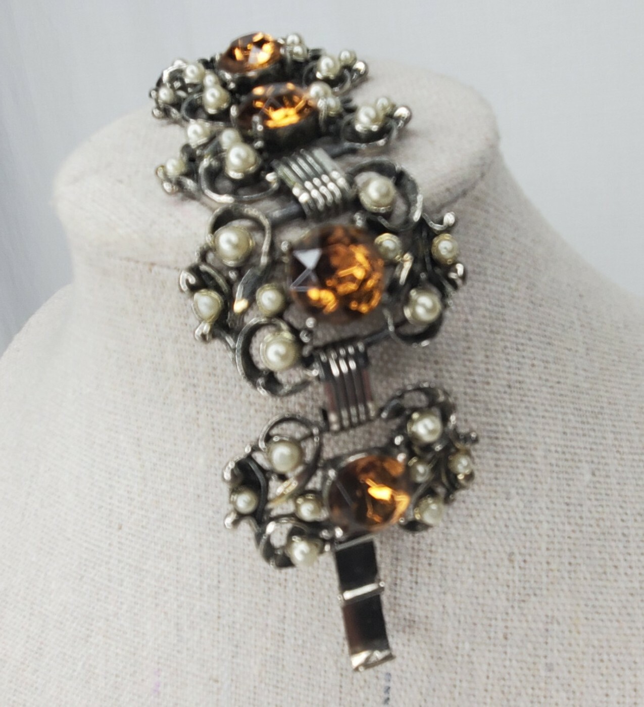 Vintage Panel Bracelet Silver Tone Faux Pearl Citrine Stones Chunky
