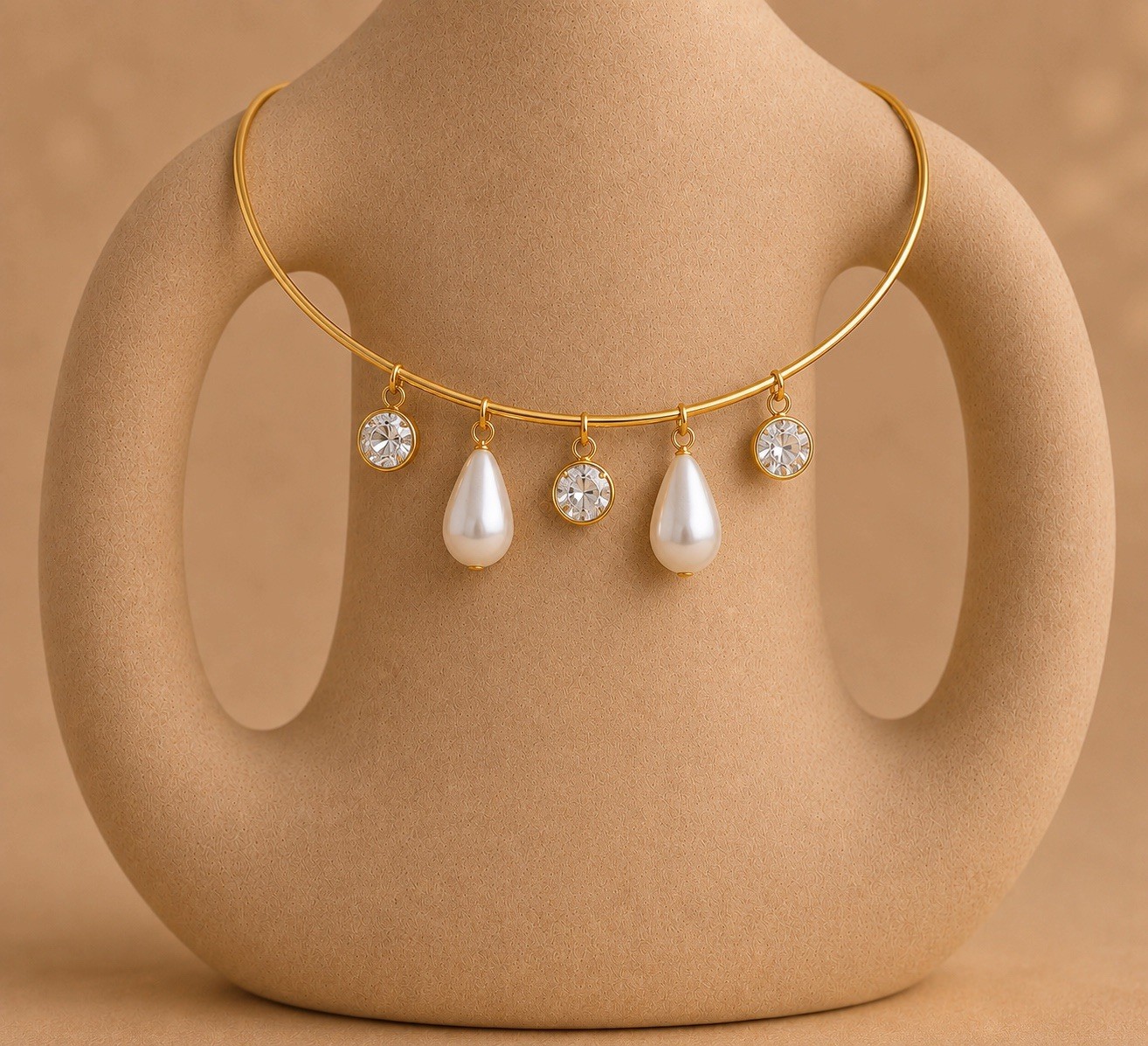 Gold Pearl Charm Choker Necklace, Baroque Pearl & Crystal Statement Necklace