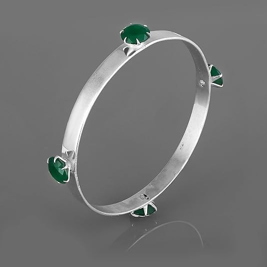Handmade 925 Sterling Silver Bangle with Green Onyx – 8.7 mm Round Gemstones