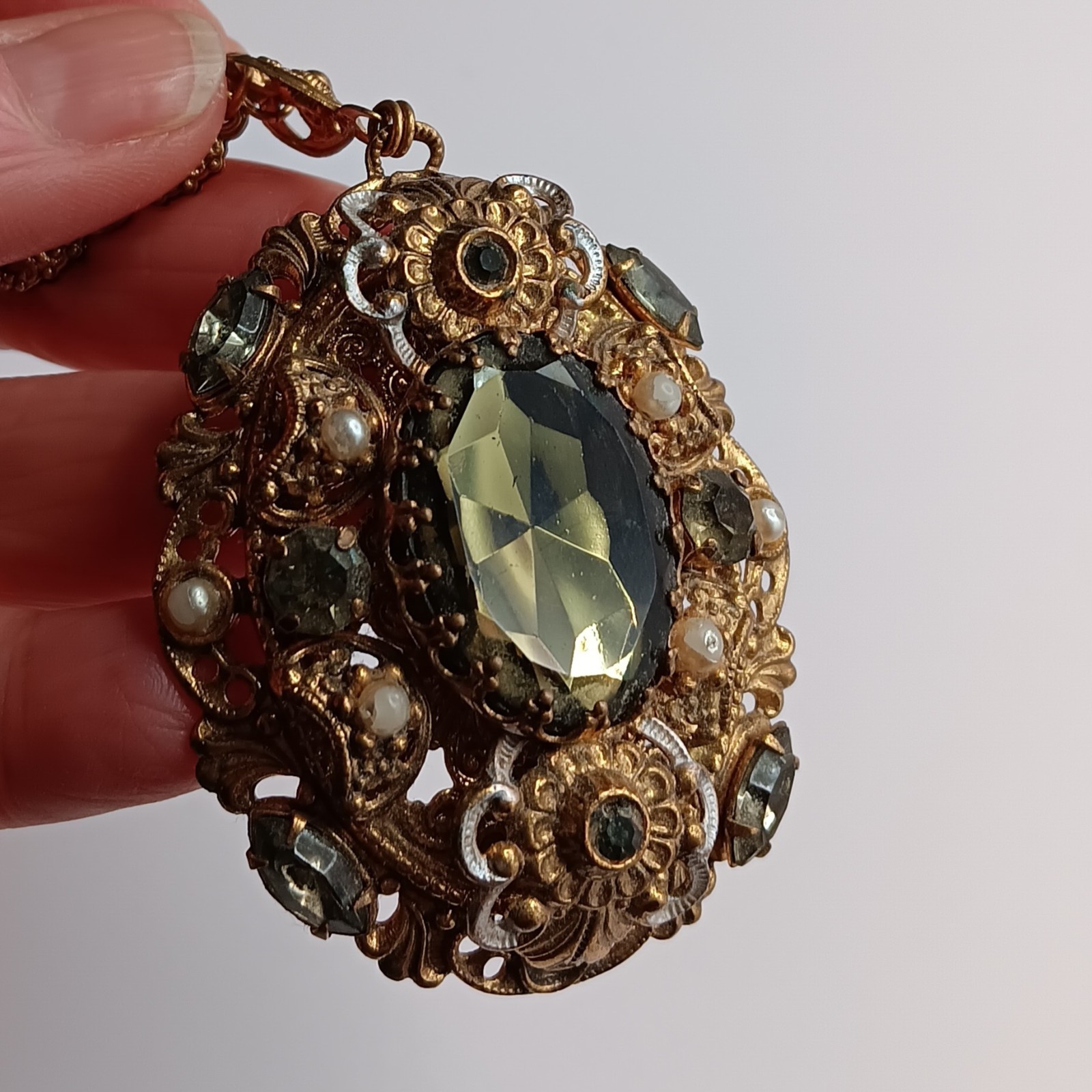 Vtg Western Germany Necklace Smoky Art Glass Faux Pearl Rhinestone Ornate 24″
