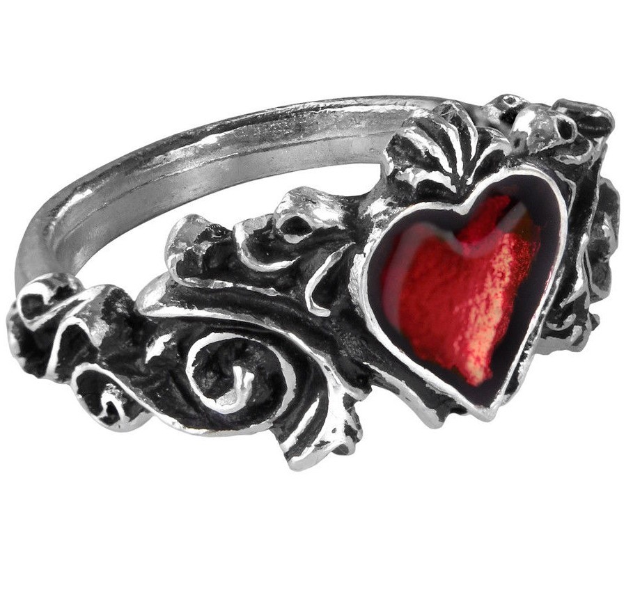 Alchemy Gothic Betrothal Romantic Ring Red Heart Ornate Scrolled Pewter R134 NWT