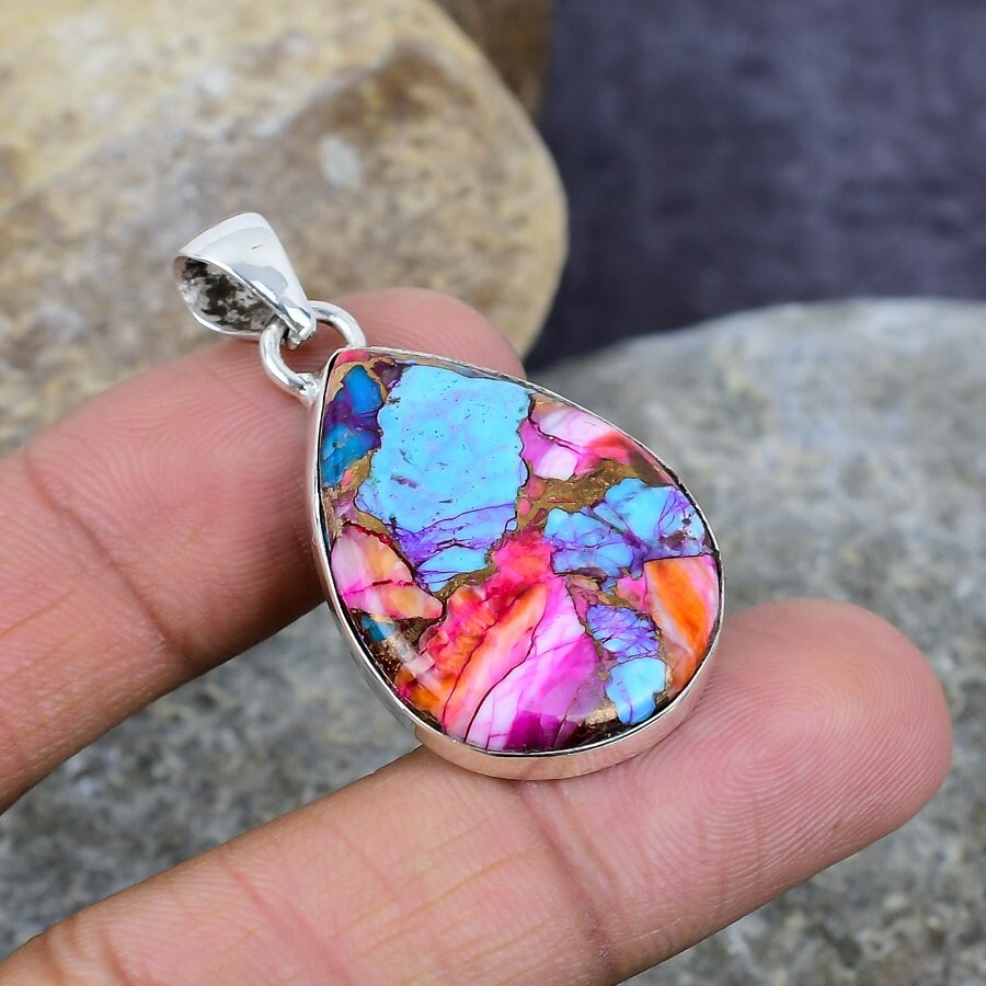 Pink Dahlia Turquoise Spiny Oyster Gemstone 925 Sterling Silver Handmade Pendant