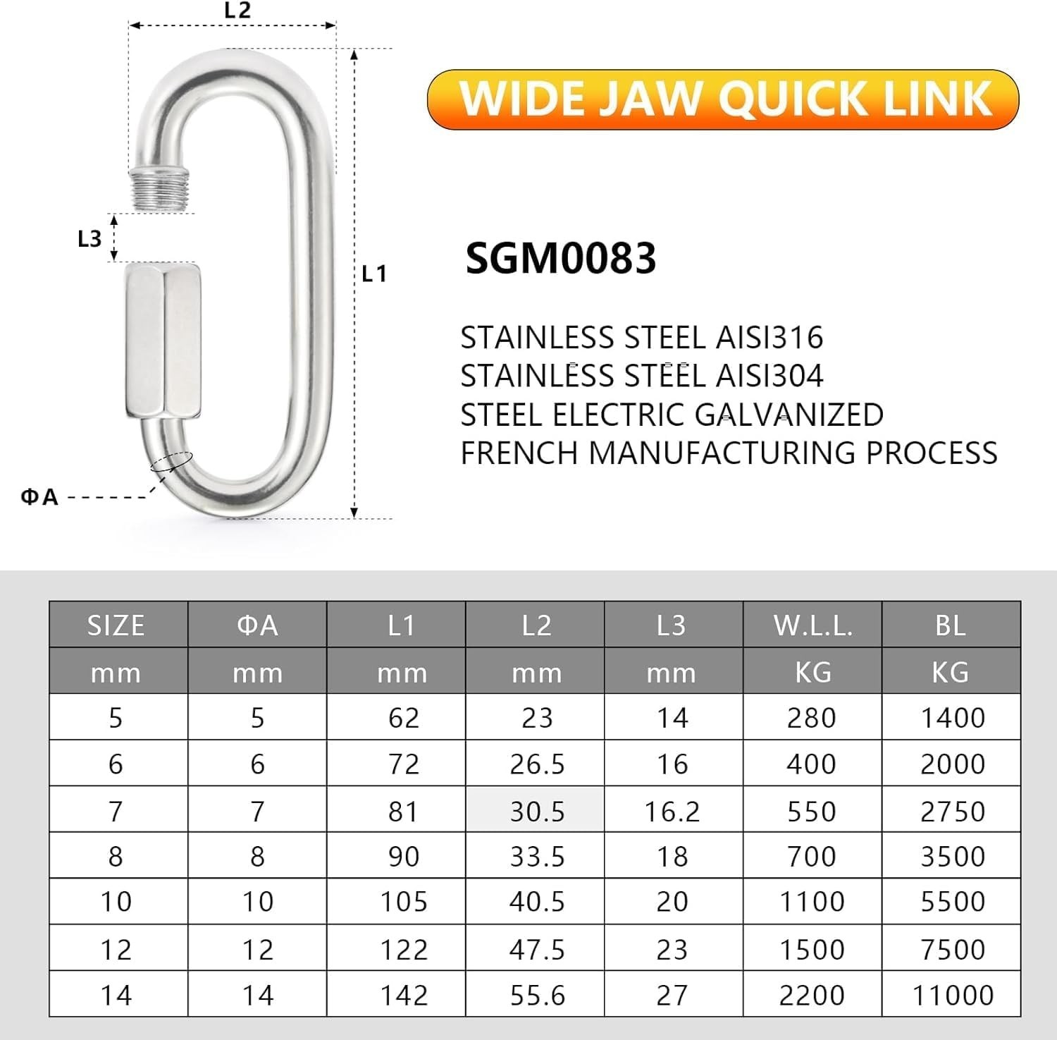 304 Stainless Steel Chain Quick Links Set 6pc Screw Lock Carabiner Heavy Duty