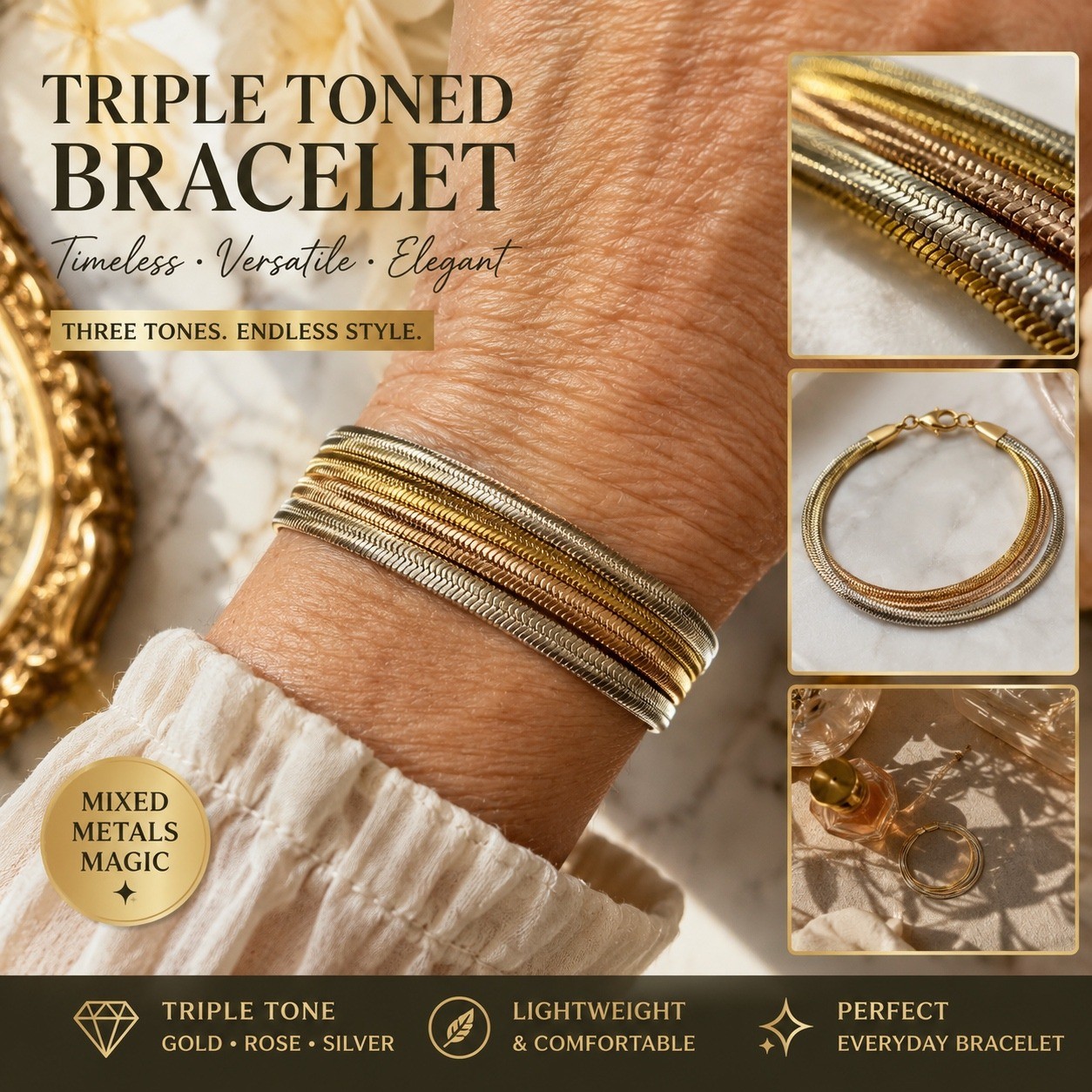 Vintage Bracelet Triple Tone Herringbone Mixed Metal Bracelet Gold Copper Silver