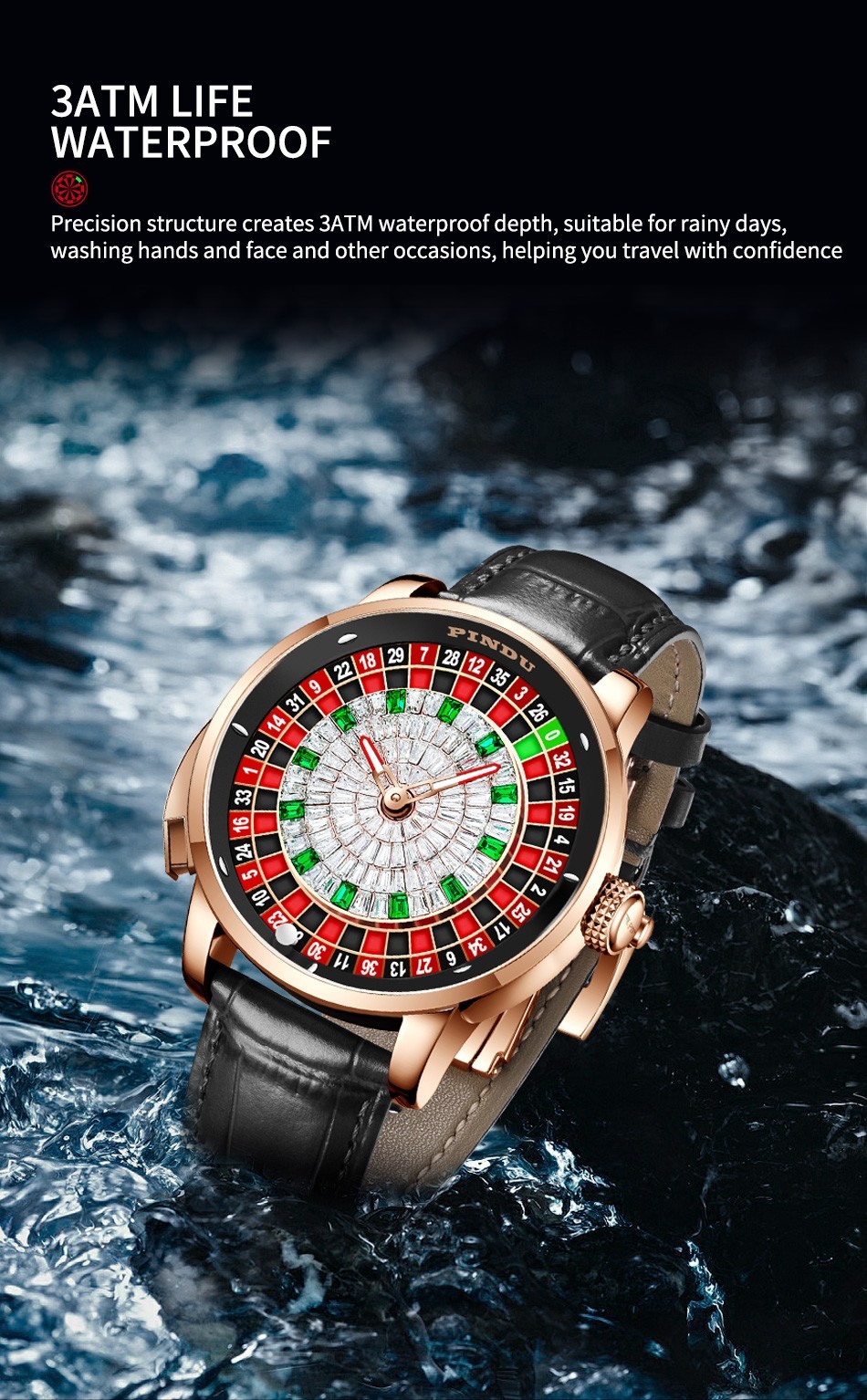 2024 PINDU roulette silver shell black belt button men’s mechanical watch luxury