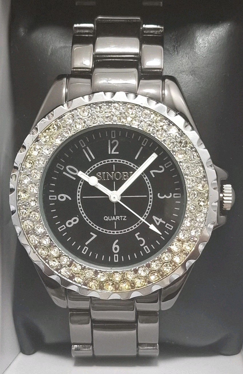 Sinobi Ladies Gunmetal Watch Crystal Bezel Black Dial Quartz New Boxed