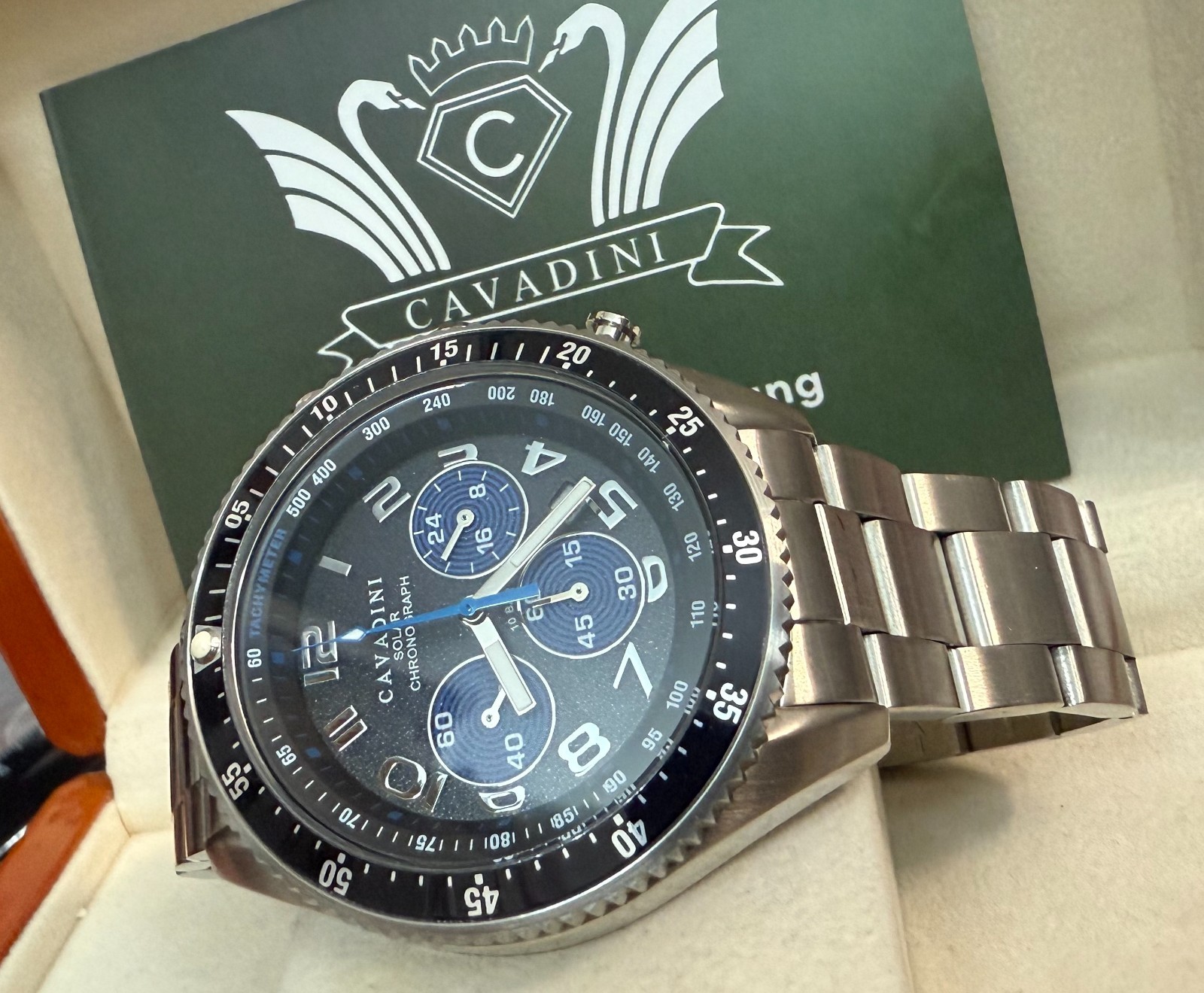 Men’s Watch Chronograph Cavadini Solar Watch Stainless Steel 10 Bar CV-2015 Date Black
