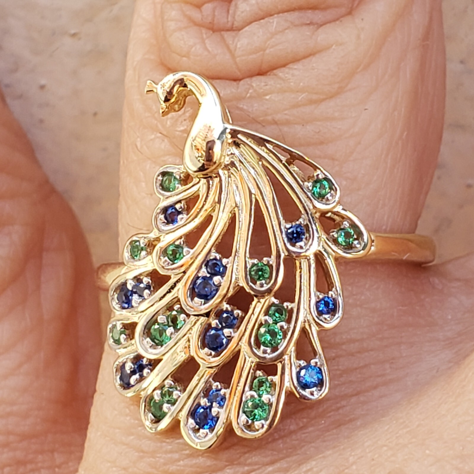 Solid 14k yellow gold peacock Ring Size 5 6 7 8 9 green blue