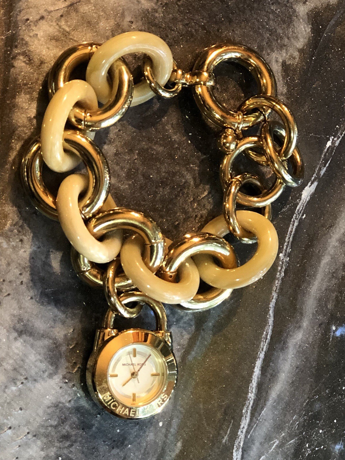 🍯✨RARE NOS w/ Box VINTAGE MICHAEL KORS Gold Chain Link CHARM BRACELET WATCH 🛍️