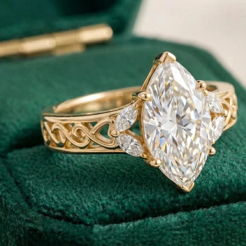 IGI 4.20Ct Marquise F-VS1 Lab Grown Diamond Women Wedding Ring 14k Yellow Gold