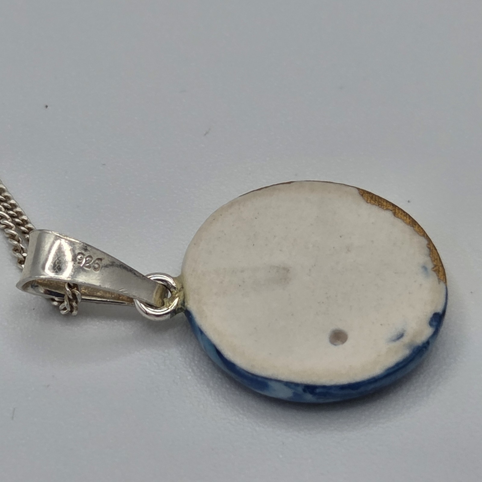 Artisan Porcelain Pendant Blue & White Gold Dip 925 Sterling Bail & 18″ Necklace