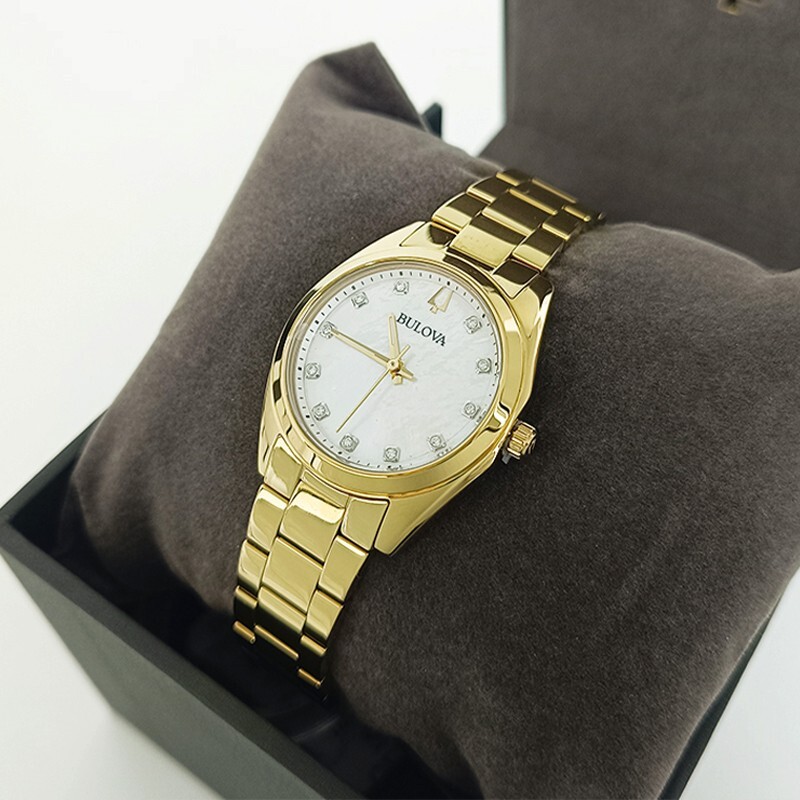 Bulova Surveyor Diamonds Gold Bracelet White Dial Women 97P172 Quartz Watch 31mm