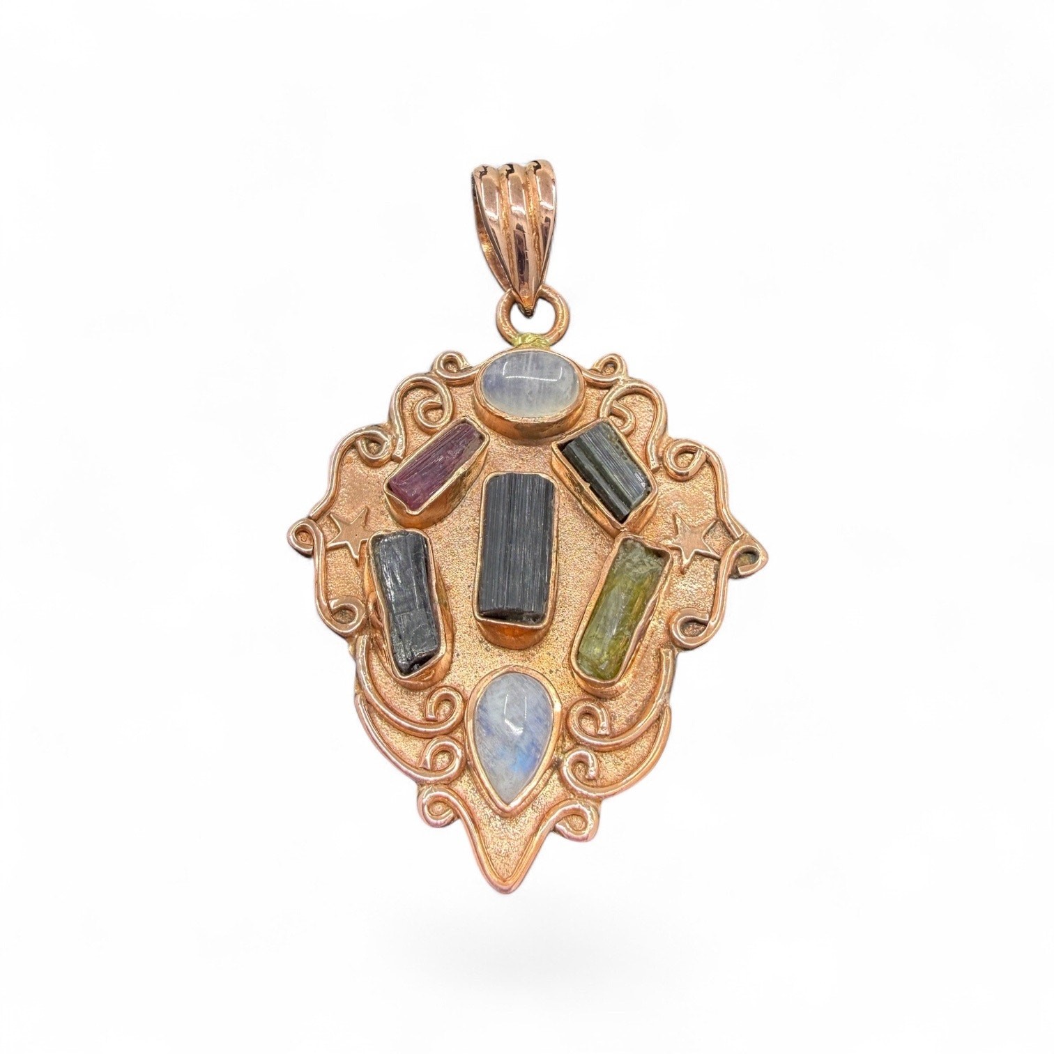 Multicolor Tourmaline Moonstone Copper Shield Pendant Handmade Pink Green Black