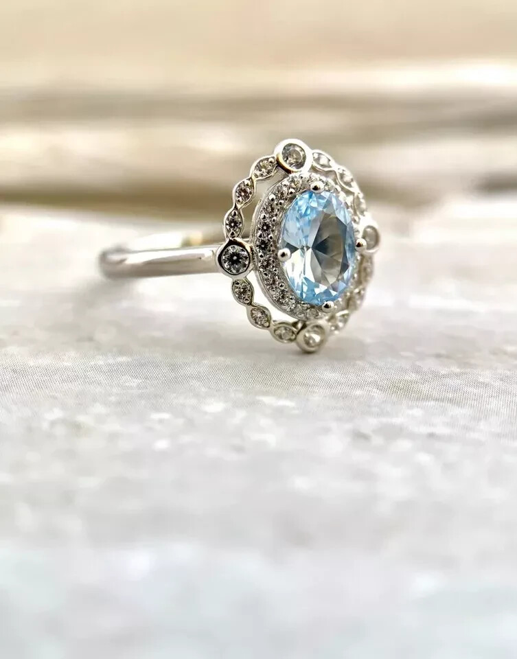 14k White Gold 2.70 Ct Oval Natural Aquamarine Diamond Engagement Ring Solid