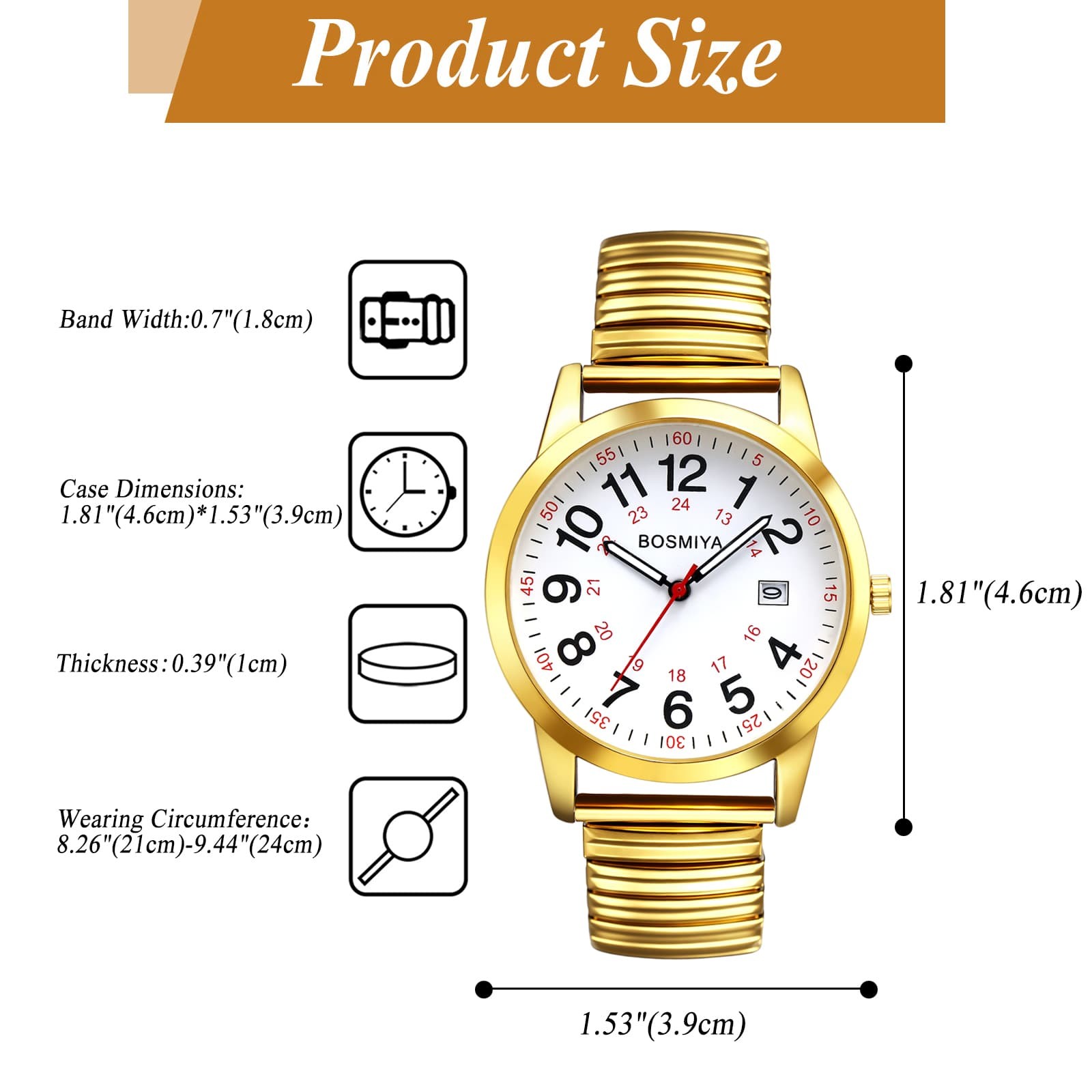 Mens 24hr Easy To Read Large Date Dial Stainless Steel Elastic Band Wrist Watch