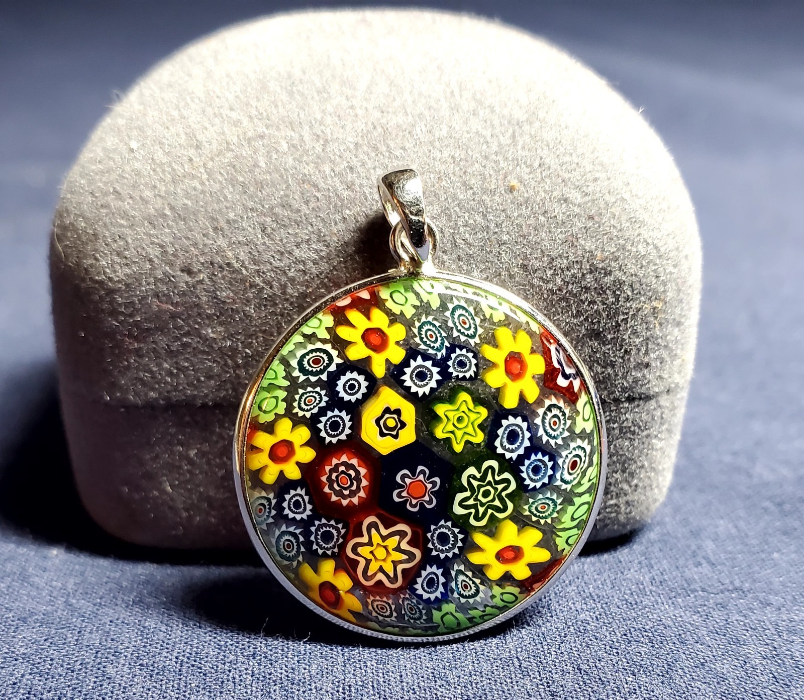Vintage Millefiori flower pendant in Sterling Silver finding